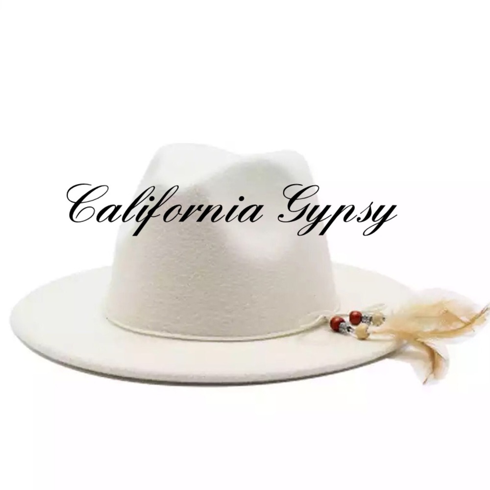 White Wool Boho Chic Feather Panama Hat - Picture 4 of 4